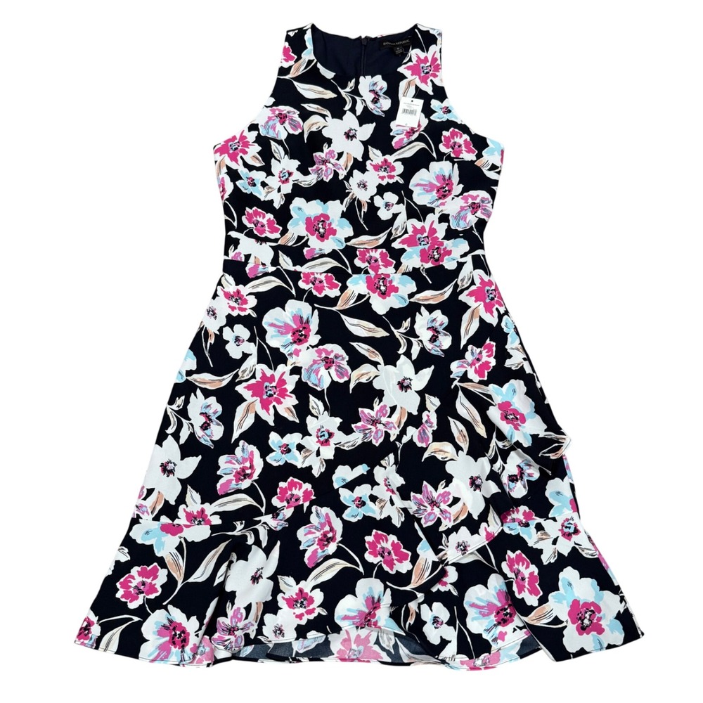 Banana Republic Navy Floral Ruffle Wrap Skirt Dress Sz 6 Feminine Cocktail NWT